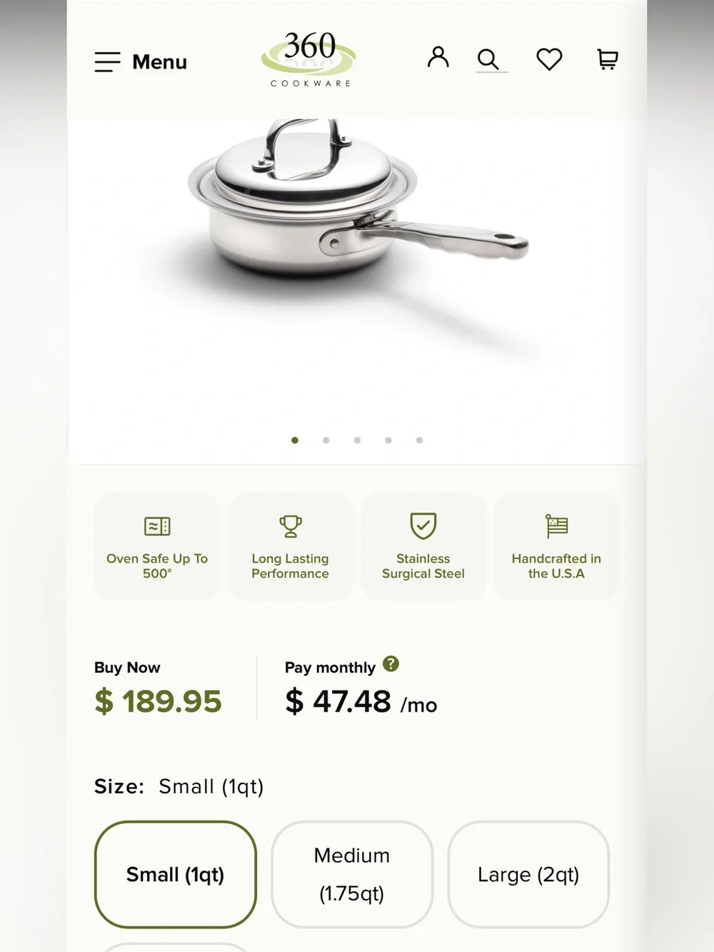 360 cookware Stainless Steel Saucepan with Lid - Silver 1 quart